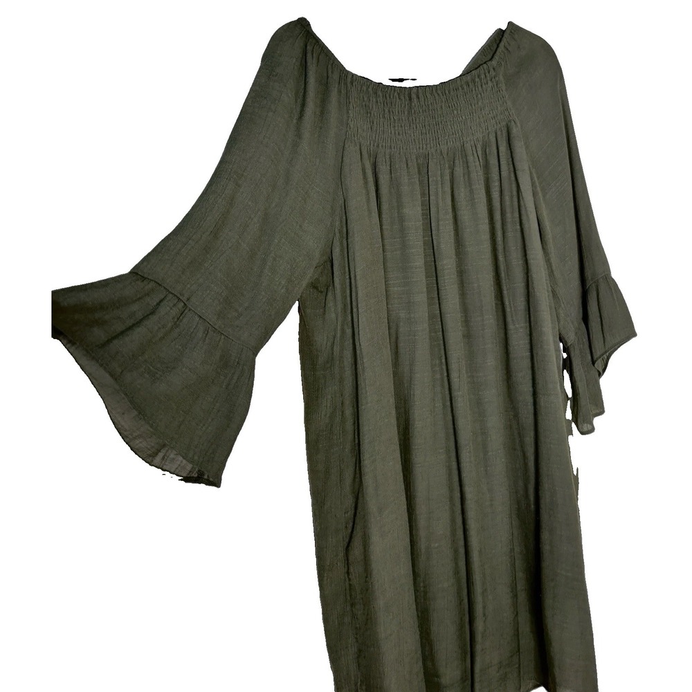 New Directions Olive Gr Peasant Shift Dress L Smocked Flounce Bell Sleeve Boho
